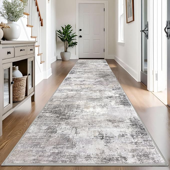 IOHOUZE Abstract Runner Rug 3x14 Ft Washable Runners for Hallways, Non Slip Kitchen Runner Printed Faux Wool Entryway Runner Indoor, Modern Abstract Floor Carpet for Hall Stair, Grey Beige