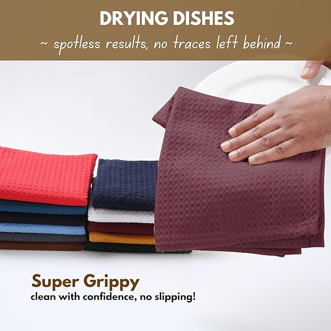 Native Fab Cotton Kitchen Towel with Hanging Loop 16x26 inches, 12-Pack, Waffle Weave Kitchen Towels for Cleaning Drying, Washcloths Soft & Absorbent Cloth Rags, Bar Towel, Dish Cloth, Burgundy Wine