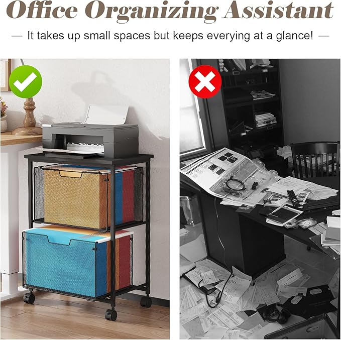 Letter/Legal Rolling File Cart with 2 Storage Drawers, Under Desk Storage, Vertical Filing Cabinet for Home Office, Hanging File Folders Organizer, Mobile Utility Cart Printer Stand, Black