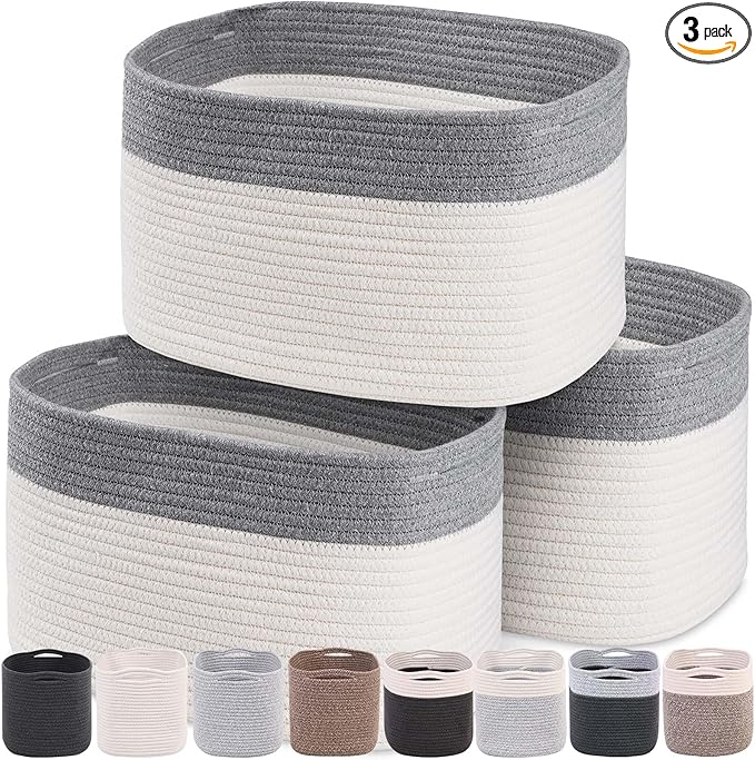 CHAT BLANC Cotton Rope Baskets for Organizing | Storage Baskets for Shelves | Rope Basket for Storage, Small Laundry Baskets, Woven Baskets for Storage, Dog Toy Bin, Baby Basket,Dark Gray&White 3 Pack