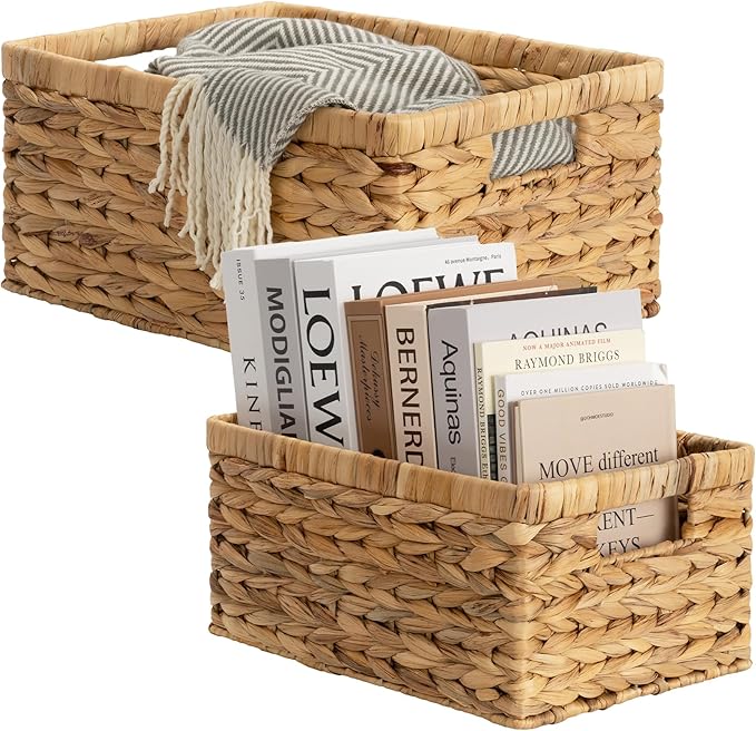StorageWorks Wicker Storage Baskets, Large and Small Baskets, Handwoven Water Hyacinth Basket for Organizing, Decorative Organizers with Built-in Handles, Set of 2
