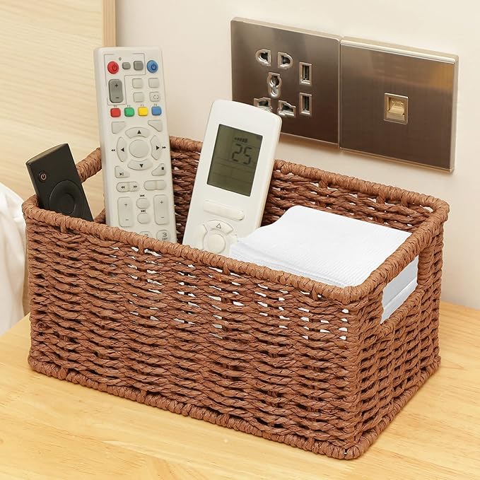HOONEX Woven Baskets for Storage, Paper Rope Baskets with Sturdy Metal Wire Frame, Baskets for Shelves, Set of 2, Dark Brown