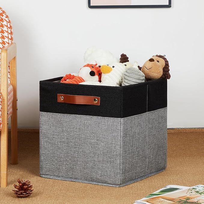 DULLEMELO 12x12 Storage Cubes, Collapsible Sturdy Cube Storage Bins With Handles for Organizing,Fabric Storage Cubes Baskets for Shelves Nursery Closet Home Organization and Storage (Black&Grey)