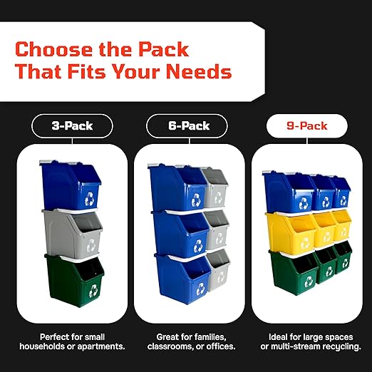 Multi Bin Recycling System with Six Stackable 6 Gallon Recycle Bins to Build Your Recycling Center for Offices, Kitchen, Garages, Businesses (6 Pack, Blue/Green)
