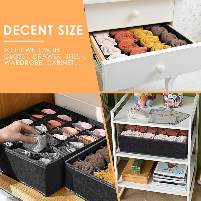 Criusia 3 Pack Sock Underwear Organizer Dividers, 64 Cell Fabric Foldable Cabinet Closet Organizers and Storage Boxes for Storing Socks, Underwear, Ties (16+24+24 Cell, Black)