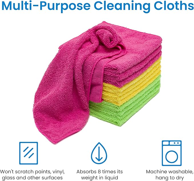 Microfiber Cleaning Cloths - Pack of 12 (16'' x 16'') - Reusable and Washable - All Purpose Towels for Multi Purpose Indoor/Outdoor Cleaning/Dusting/Polishing on Kitchen/Bathroom/Auto Surfaces