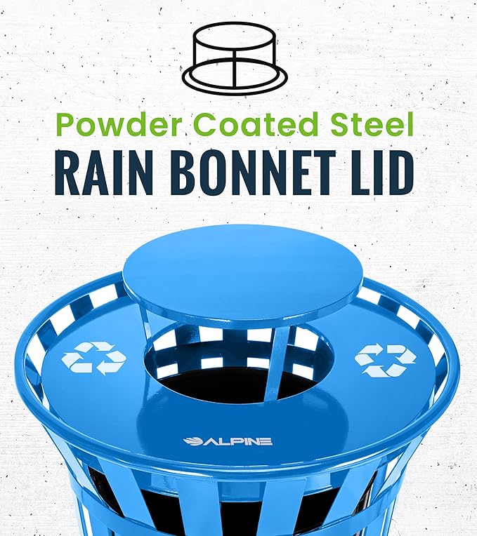 Alpine Outdoor Metal Waste Receptacle Rain Bonnet Lid - Heavy Duty Commercial Trash Can Receptacle Cover - Perfect Companion for 38-Gallon Garbage Can (Blue)