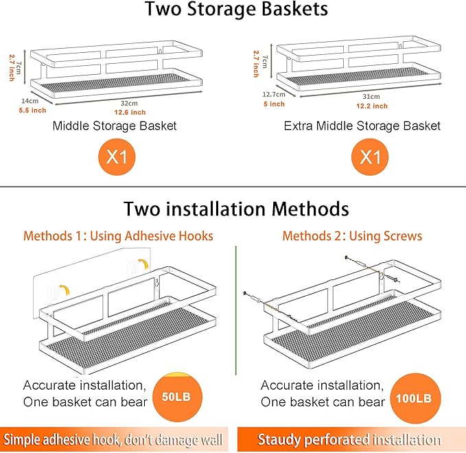PUSDON Hanging Storage Baskets Organizer Wall Mount, Metal Wire Storage Bin Rack for Kitchen Bathroom Shower Spice Shelf Home Decor Essentials Black-2 Packs(Guardrail)