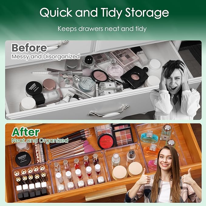 Criusia Drawer Organizer Set, Acrylic Non Slip Non Cracking Kitchen Drawer Storage Tray Large Size Divider, Multifunctional Storage for Cosmetics, Bathroom, Tools, Kitchen and Office (8 PACK)