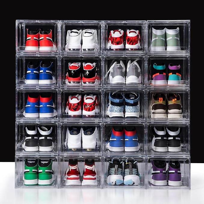 12 Pack Acrylic Shoe Boxes, Ultra Clear Shoe Boxes Stackable, Shoe Storage Box Sneaker Storage for Sneakerhead, Foldable Shoe Organizer with Magnetic Door, Professional Shoe Display Fits US Size 15