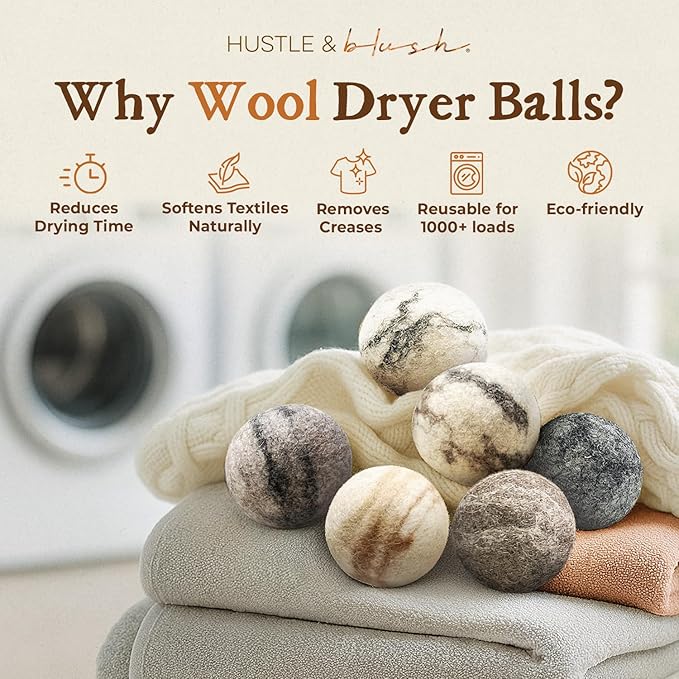 Fluff Ewes Wool Dryer Balls 6 Pack Premium New Zealand Wool Laundry Balls for Dryer, No Static Dryer Balls Laundry Reusable Cute, XL Wool Dryer Balls Cute, Baby Dryer Balls for Dryers - Marble