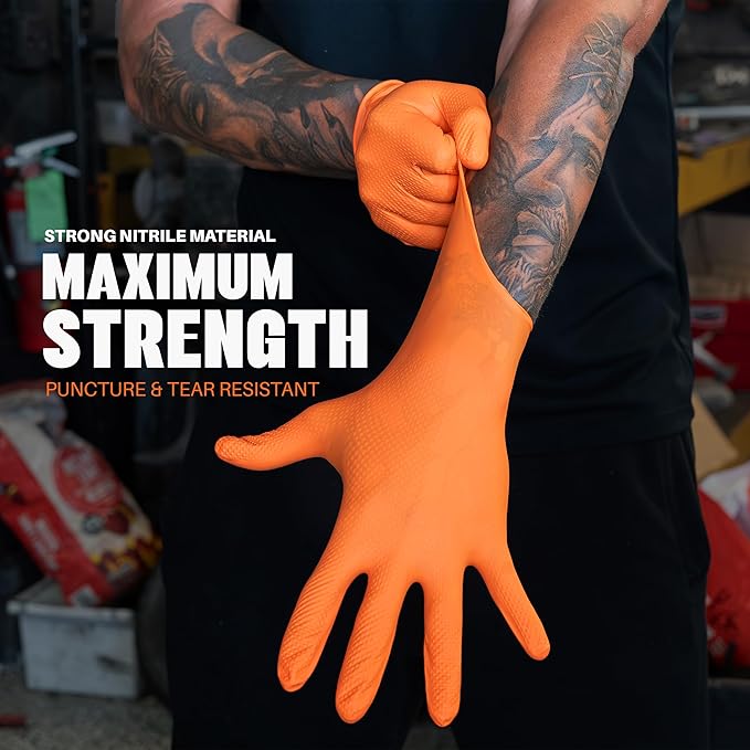 Herkules Grip Heavy Duty 8Mil Orange Nitrile Gloves,3D Raised Diamond Texture-Latex & Powder Free-Industrial, Mechanic