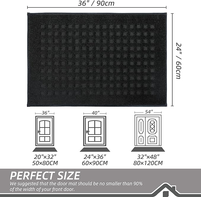 BEQHAUSE Waffle Door Mats Indoor 24"x36", Dog Mat for Muddy Paws Absorbent and Dirt Resist Floor Mats Non-Slip Washable Rugs for Entryway, Welcome Mat for Front Back Door, Muddy Wet Shoes, Black