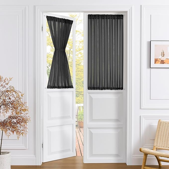 Tollpiz Short Sheer Door Curtain Closet Linen Textured Curtain Sheers Doorway Light Filtering Voile Patio Glass Door Rod Pocket Curtains French Door, 54 x 54 inches Long, Black, Set of 1 Panel