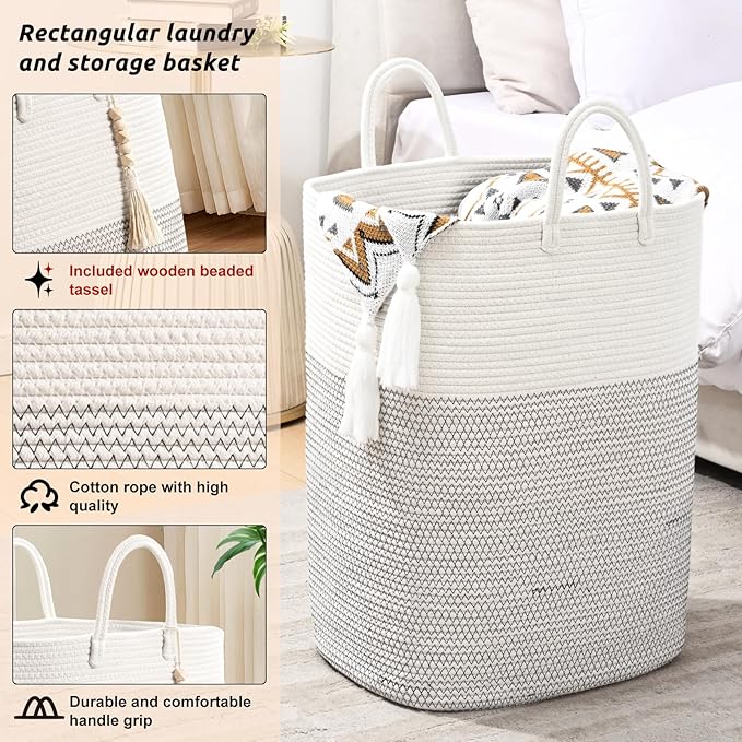 Woven Laundry Basket for Clothes, 65L Large Rectangle Laundry Hampers, Nursery Storage Basket for Toys, Tall Dirty Clothes Hamper for Bedroom Aesthetic, Bathroom, Laundry Room