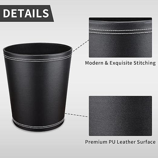 Pu Leather Trash Can, 2.6 Gallon Black Bathroom Trash Can, Small Office Garbage Can Wastebasket for Bedroom, Kitchen, Round Trash Bin Decorative Under-Sink/Desk/Home Easy to Clean