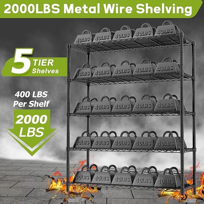 Storage Shelves, 2 PCS 48" L x 20" W x 72" H Heavy Duty Garage Wire Shelving Unit Loads 2000LBS, 5-Tier Adjustable Metal Industrial Utility Shelf Rack for Kitchen, Laundry Room, Basement