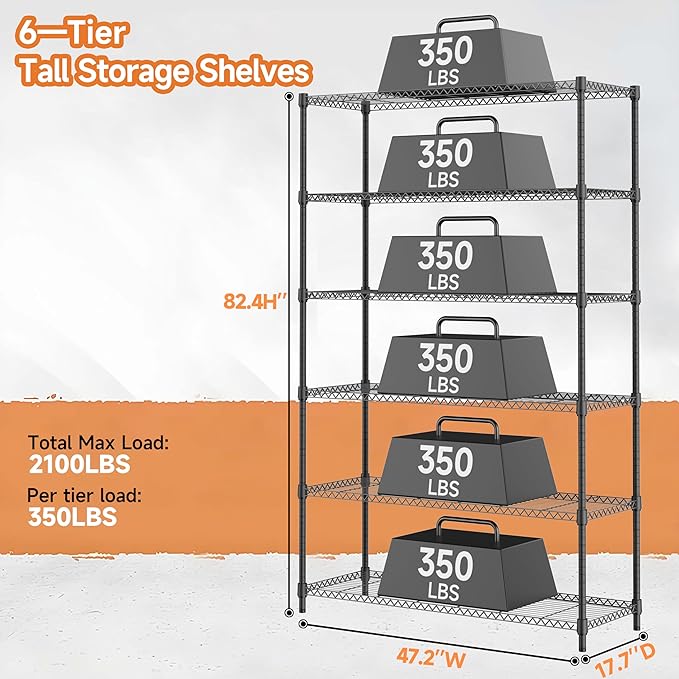 6 Tiers Storage Shelves Load 2100LBS, Metal Shelving Wire Metal Shelving Unit Shelves for Storage Adjustable Garage Shelving for Pantry Kitchen Garage Black 17.7" D x 47.3" W x 82.4" H
