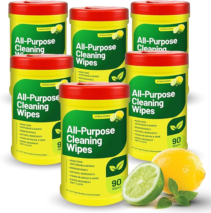 RTS Companies Inc All-Purpose Cleaning Wipes, Citrus Scent, Biodegradable, Multi-Surface, 90 Wipes (6 Pack)