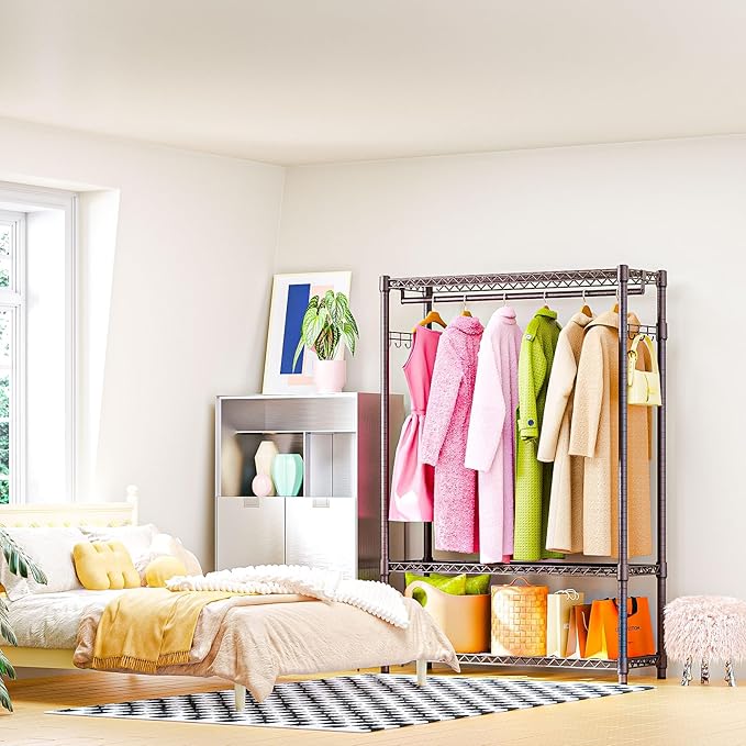 Heavy Duty Rolling Garment Rack 3 Tiers Adjustable Wire Shelving Clothes Rack with 1 Rods and Side Hooks,Storage Closet Clothing Rack Grey 15.7" D x 45.3" W x 72.4" H