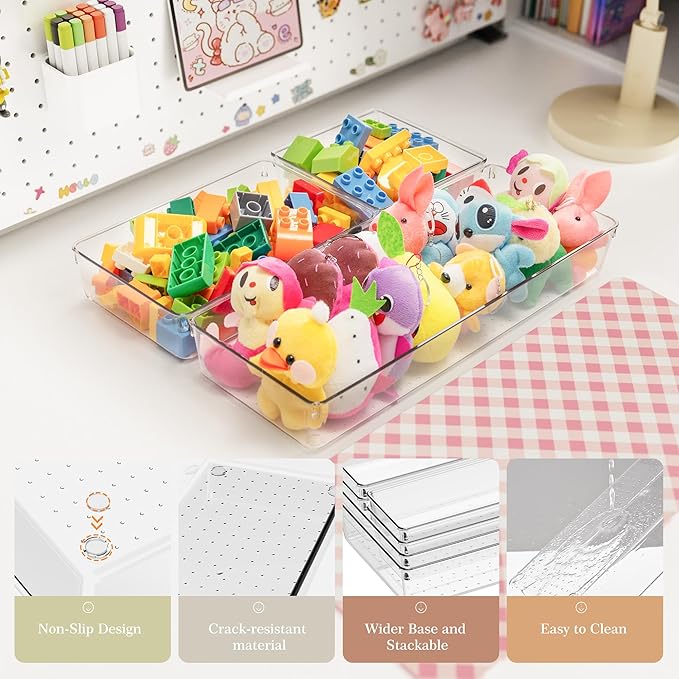 Criusia Drawer Organizer, 5-Size Versatile Bathroom and Vanity Organizer Trays, 20 Pack Clear Plastic Kitchen Drawer Organizers Set, Storage Bins for Makeup, Bathroom, Jewelries and Office