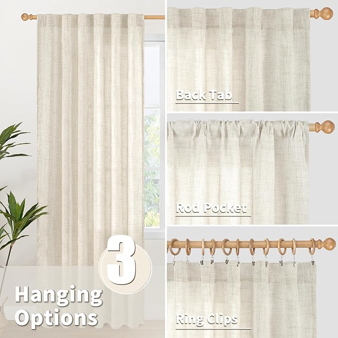 YoungsTex Short Linen Curtains 36 Inch Length for Kitchen Window, Light Filtering Drapes Semi Sheer with Rod Pocket Back Tab for Bathroom Cafe, 2 Panels, 42 X 36 Inch