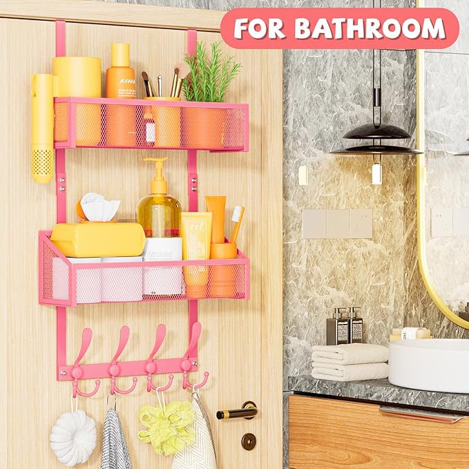 Over The Door Hooks Organizer, Coat Rack Over The Door Storage Hanger Towel Rack, Back of Storage Organizer for Bathroom,Bedroom,Kitchen,Office (Pink 3-Tier)