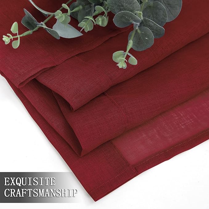 Tollpiz Short Sheer Curtains Linen Textured Bedroom Curtain Sheers Light Filtering Rod Pocket Voile Curtains for Living Room, 54 x 45 inches Long, Burgundy Red, Set of 2 Panels