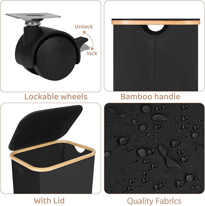 Laundry Basket with Wheels,100L Hampers for Laundry,Black Large Laundry Hamper with Lid and Bamboo Handles,Collapsible & Waterproof Tall Cloth Hamper for Dormitory Family
