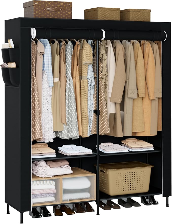 Portable Closet, 54.3 Inch Large Capacity Wardrobe Closet with Cover, Clothes Storage Organizer with Shelves and 2 Hanging Rods, Easy to Assembly, Black PCT102B01