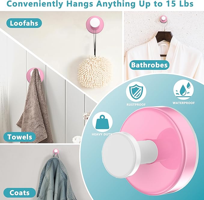 Suction Cup Hooks for Shower,Removable No Drill Towel Hooks,Upgraded 15 lbs Strong Suction hooks for Bathroom Tile,Shower Wall,Glass Door,Kitchen-Loofah,Coat,Stainless Waterproof-Pink White 2 Pcs