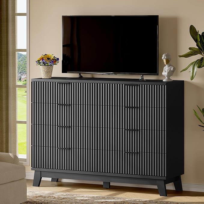 Fluted Dresser with 8 Drawers, 54" Wide Modern Chest of Drawers with Metal Handle, Wooden Dresser TV Stand, Wood Closet Clothes Storage Organizer for Bedroom, Living Room, Hallway, Solid Black