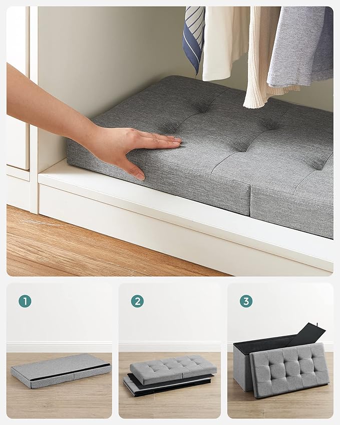 SONGMICS Mazie Collection - 30 Inches Storage Ottoman, Foldable Storage Bench with Flipping Lid, 660 lb Load Capacity, for Entryway, Living Room, Bedroom, Light Gray ULSF41G