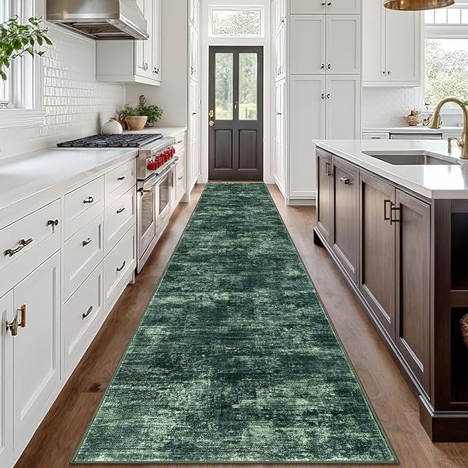 IOHOUZE Abstract Runner Rug 3x18 Ft Washable Runners for Hallways, Non Slip Kitchen Runner Printed Faux Wool Entryway Runner Indoor, Modern Abstract Floor Carpet for Hall Stair, Dark Green
