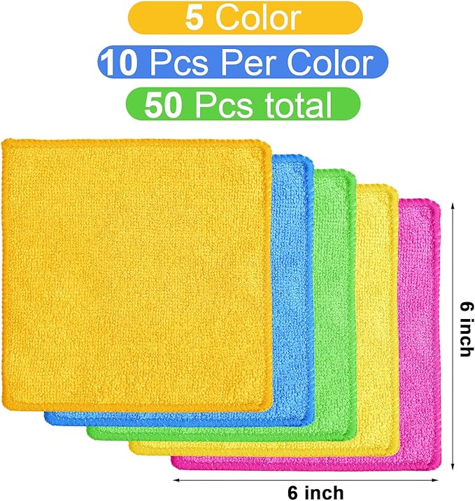 Tanlade Microfiber Cleaning Cloth Cleaning Rags Reasonable Kitchen Towels Microfiber Towels Cars Wash Dry Erase Cloth(6 x 6 Inch,Green/Blue/Yellow/Pink/Orange,50 Pcs)