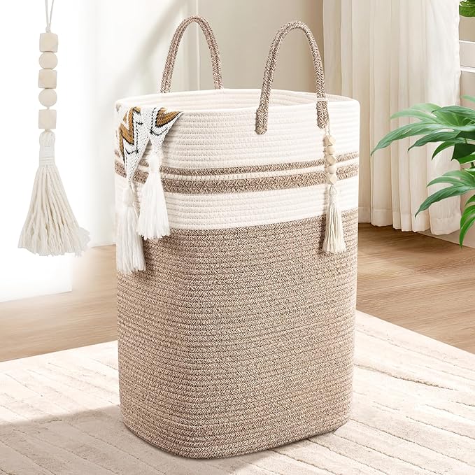 Woven Laundry Basket for Clothes, 50 L Large Rectangle Laundry Hampers with Beads Tassel, Nursery Storage Basket for Toys, Tall Dirty Clothes Hamper for Bedroom Aesthetic, Laundry Room Organization