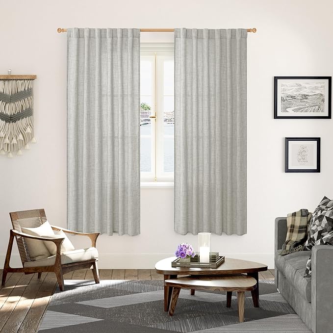 YoungsTex Light Grey Linen Semi Sheer Curtains for Living Room 2 Panels, Textured Light Filtering Drapes with Rod Pocket Back Tab Window Treatments for Dining Bedroom, 52 X 72 Inch