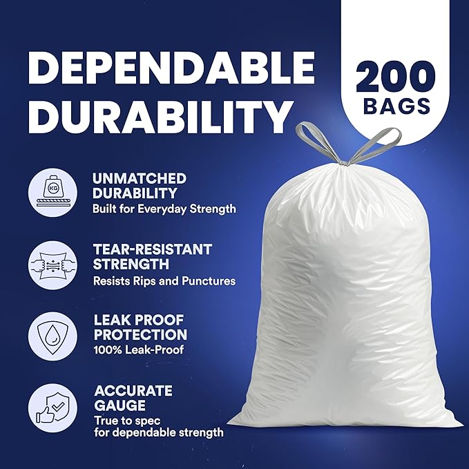 Plasticplace 13 Gallon Trash Bags â”‚ 1.2 Mil â”‚ White Drawstring Garbage Can Liners â”‚ 24" x 31", 200 Count (Pack of 1)