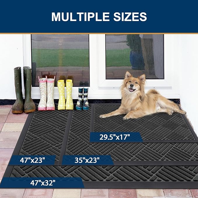 Smiry Front Door Mat Outside Entrance, Heavy Duty Outdoor Indoor Natural Rubber Doormat, Non Slip, Trap Dirt and Moisture, Easy Clean, Low Profile Patio Porch Entryway Mat, 59x20, Black
