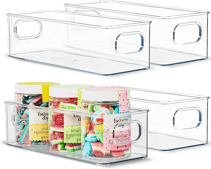 Plastic Food Storage 4 Pack Clear Container Bin with Handles for Organizing Kitchen, Pantry, Fridge, Freezer, Pantry,Bathroom. 10"x4"3"
