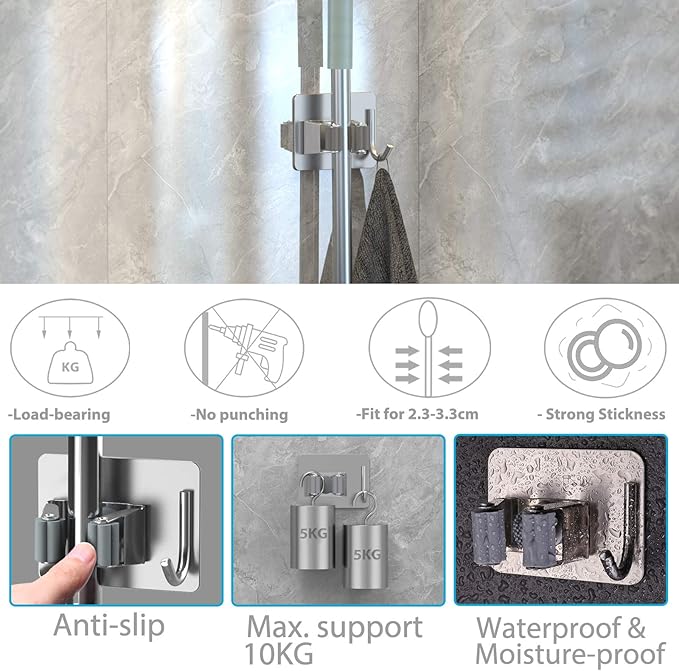 Mop Broom Holder No Drill, Mop Broom Organizer Wall Mounted Heavy Duty with Hooks Hanger, Self Adhesive Stainless Steel 4Pcs for Bathroom, Kitchen, Office (Silver)