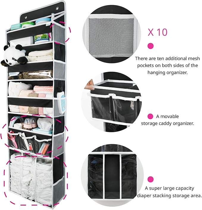 Door Hanging Storage Organizer,with 3 Bins 1 Movable Baby Diaper Caddy,1 Large capacity diaper stacking storage Organizer,10 Side Pockets ,Bedroom Door Storage for Nursery Baby Essentials. (Dark grey)