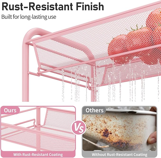 TOOLF 3 Tier Rolling Utility Cart - Durable Metal Design Pink Utility Cart, Storage Trolley on Wheels with 3 Hooks, Perfect for Kitchen, Bathroom & Laundry Room Organization