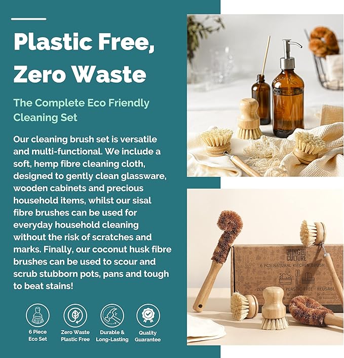 Jungle Culture® 6 Piece Natural Dish Brushes for Washing Up • Eco Dish Brush Kitchen Cleaning Set • Plant Based Coconut Scrubbers • Bottle/Pot Brush & Eco Friendly Scourer Sponge for Pans & Dishes