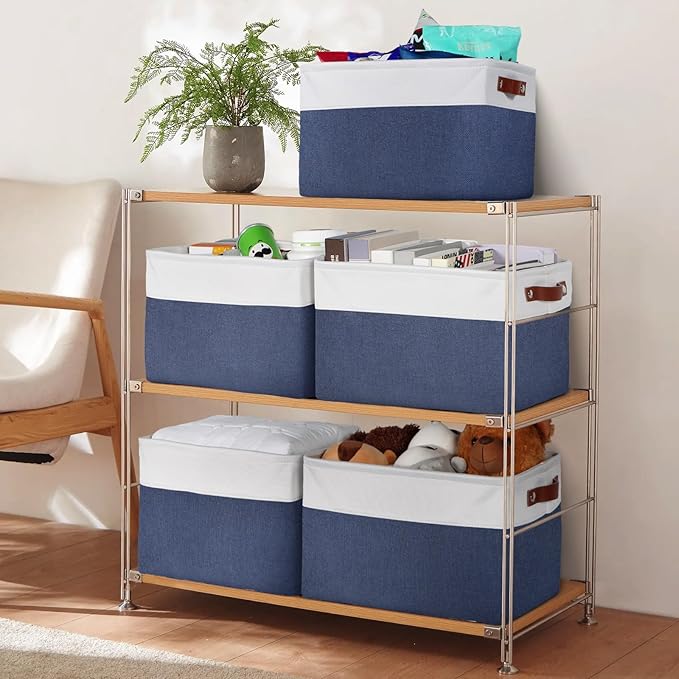 Univivi 4PC Large Storage Baskets Foldable Fabric Storage Bins for Closet Shelf for Organizing Blue Storage Baskets with Handles|Hard Bottom (15”X10.5”X9.5”)
