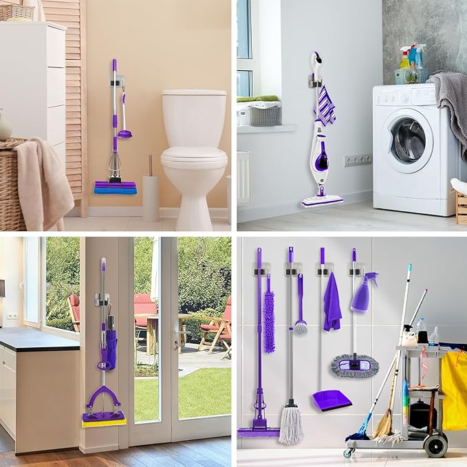 Broom Holder Wall Mount Screw Drilling, Sturdy Heavy Duty Stainless Steel Mop Gripper Rack Perforated, Perfect for Laundry Room Organizer, Fit with Laundry Kitchen Garage Garden Storage System
