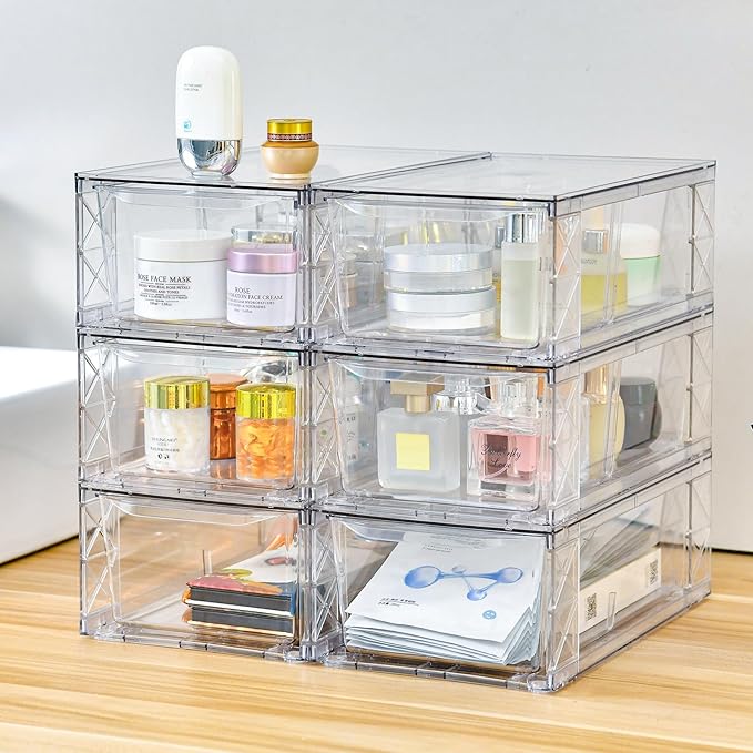 Plastic Drawers Storage, 6Pack Clear Stackable Storage Drawers, Acrylic Storage Bins with Drawers for Fridge Organizers, PlasticDrawers Stackable for Makeup Organizers Cosmetic Display, Medium