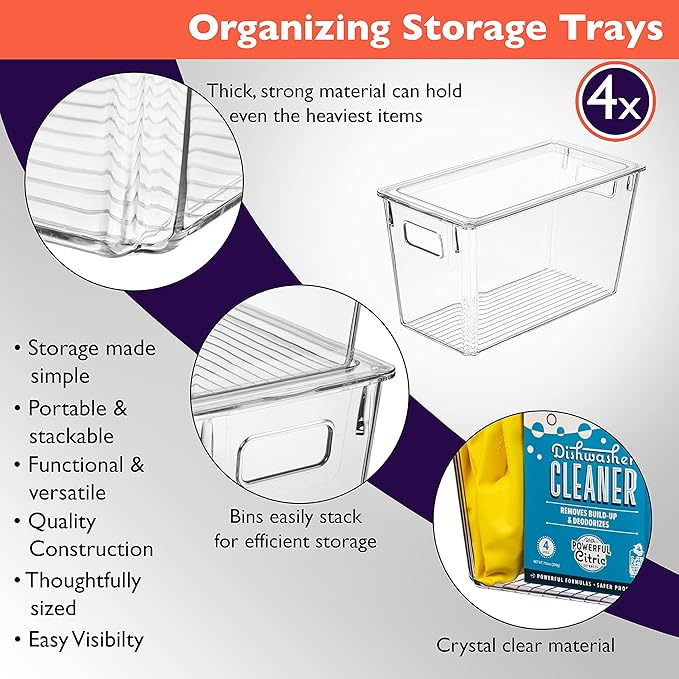 ClearSpace Modern Plastic Storage Bins with Lids – Perfect Kitchen Organization or Pantry Fridge Organizer, 4 Pack, 12.5" x 6" x 7", 9L Capacity Each, BPA Free, Stackable