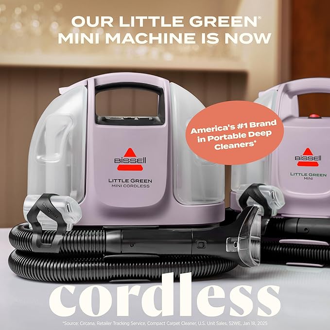 BISSELL Little Green Mini Cordless Portable Carpet and Upholstery Deep Cleaner, Car/Auto Detailer, with HydroRinse Self-Cleaning Tool and 4" Tough Stain Tool, Limited Edition Color Dusk Pink, 4015F