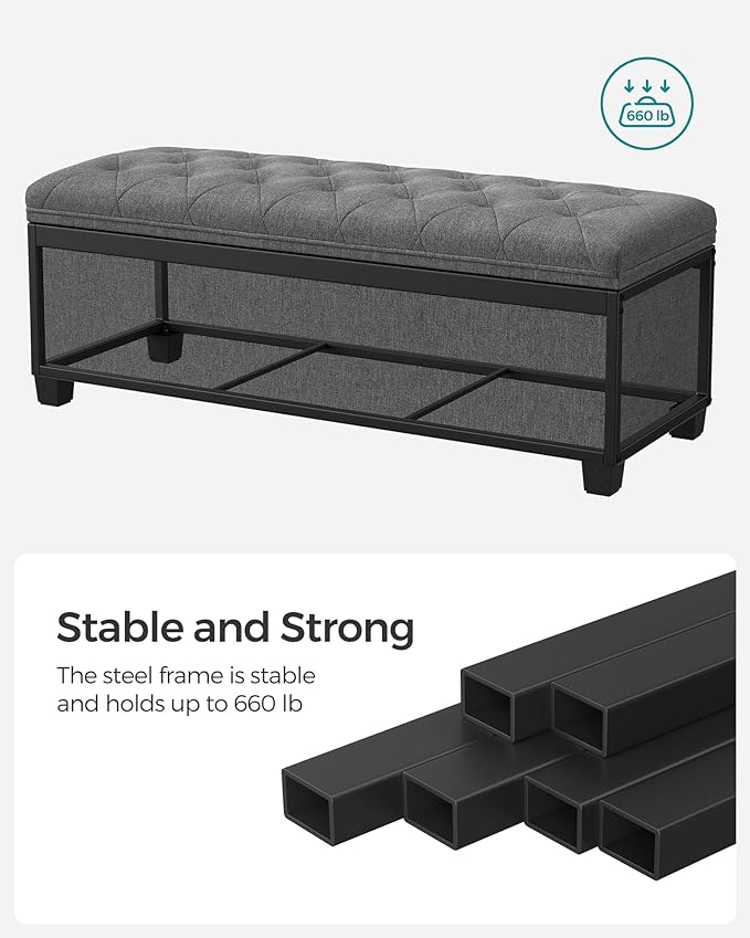SONGMICS Storage Ottoman Bench, Foot Rest with Legs, 15.7 x 43.3 x 15.7 Inches, End of Bed Bench, Storage Chest, Load up to 660 lb, for Living Room, Bedroom, Entryway, Dark Gray ULSF088G01